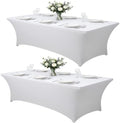 2 Pack 8FT Rectangular Spandex Tablecloth,Wrinkle Resistant Fitted Cover for 96x30 inch Banquet Table Cloth, Washable Stretch Fabric for Party, Events, Wedding, Vendor - White by Lemict
