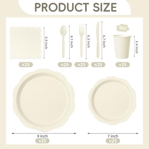 Ivory Party Supplies for 25 Guests, 175 Pcs Elegant Paper Plates and Napkins Set with Cups, Knives, Forks & Spoons, Thickened Decagonal Plates for Bridal Shower Engagement Garden Party - Image 4