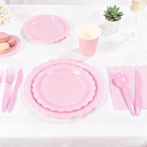 176 PCS Pink Party Decorations - Light Pink Scalloped Plates, Napkins, Cups, Cutlery, Tablecloth for Baby Shower, Wedding, Birthday Party Decorations, Serves 25 - Image 4