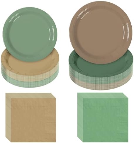 180Pcs Green and Brown Party Supplies Paper Plates and Napkins Serve 60 by Hpscdyo