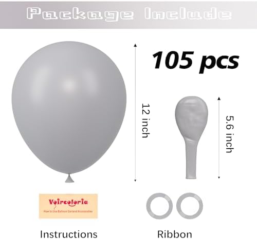 Voircoloria 105pcs Light Gray Party Latex Balloons, 12inch - Image 2