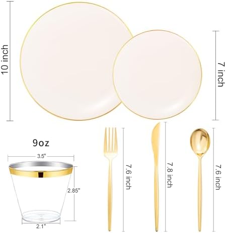 bUCLA 150PCS Ivory Plastic Plates - Heavy Duty Cream Disposable for Party, Thanksgiving, Fall Harvest & Autumn- Include 25 Each（Dinner & Dessert） Plates, 25 Knives, 25 Forks, 25 Spoons & 25 Cups - Image 2