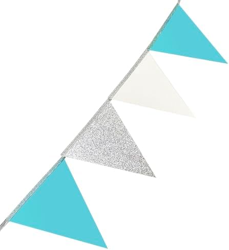 Teal Blue and Silver White Pennant Banner Flag Hanging Glitter Paper Triangle Bunting for Birthday Graduation Bridal Shower Wedding Shower Engagement Turquoise Aqua Party Decorations Supplies - Image 6