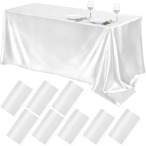 TURSTIN 8 Pack White Satin Tablecloth 102 x 58'' Overlay Table Cover by TURSTIN
