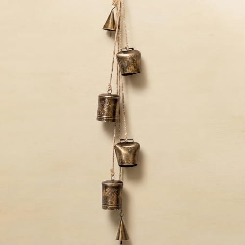 Shimeyao Set of 6 Vintage Rustic Bells Decor Antique Gold Iron Jingle Bells Cluster Christmas Wall Hanging Mix Decoration for Farmhouse Front Door Xmas Tree Weddings Parties 23 Inch by Shimeyao