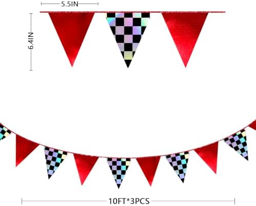 Racing Party Decorations Iridescent Checkered Red Pennant Banner Flag Hanging Paper Triangle Bunting for Race Fans Birthday Monster Truck Race Car Party Decorations Supplies - Image 2