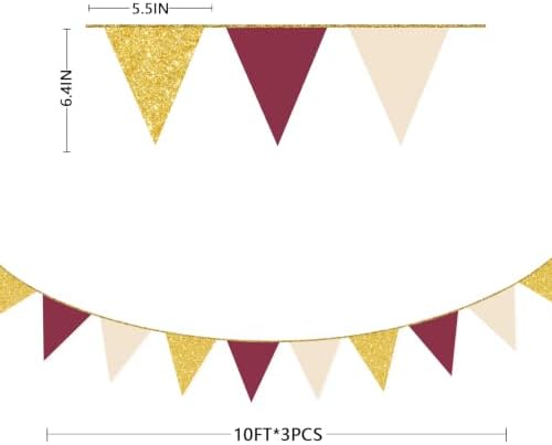 Burgundy Beige Gold Party Pennant Banner Flag Maroon Gold Hanging Glitter Paper Triangle Bunting for Graduation Birthday Bridal Shower Wedding Bachelorette Anniversary Party Decorations - Image 2