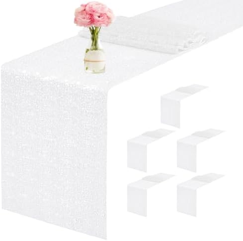 6 Packs 12 x 72 inches Sequin Table Runner, White Glitter Table Runner for Birthday Party Supplies Wedding Engagement Baby Shower Holiday Celebration Event Decorations by Yblut