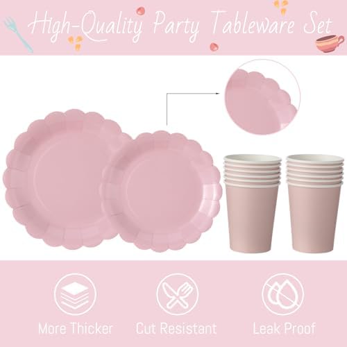 Yaomiao 168 Pcs Dusty Pink Plates and Napkins Set Pink Birthday Supplies - Image 3