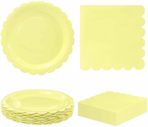 HEIPINIUYE 50 Pcs Yellow Paper Plates and Napkins Party Supplies Include 7'' Yellow Scalloped Plates and 6.5'' Paper Napkins Disposable Tableware Set for Dinner Wedding Birthday Party (Serves 25) by HEIPINIUYE