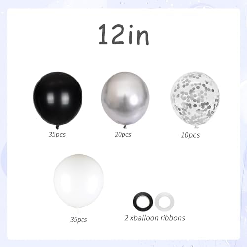 100pcs Black and Silver Balloons, 12inch Black White Silver Confetti Ballons for Birthday, Baby Shower, Graduation, Anniversary Party Decorations - Image 2