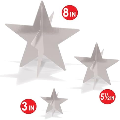 Beistle 3-D Foil Star Centerpieces, 9-Pack Silver Cardstock Table Decorations for Awards Night Themes, New Year’s Eve, Anniversary Parties and Elegant Celebration Displays, Three Sizes 3", 5½", 8" - Image 2