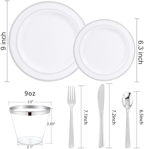 WELLIFE 600 Pcs Sliver Disposable Dinnerware for 100 Guests, Dinnerware Set of 100 Dinner Plates, 100 Salad Plates, 100 Spoons, 100 Forks, 100 Knives, 100 Cups - Image 2