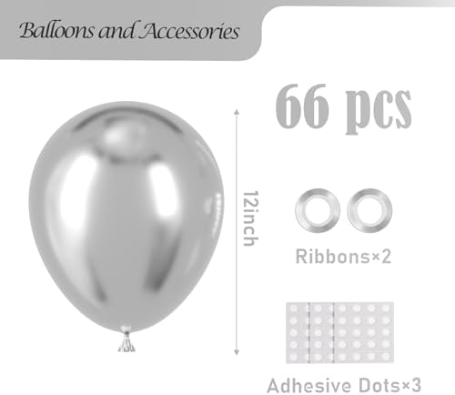 Voircoloria 66pcs Metallic Silver Latex Party Balloons, 12inch - Image 2