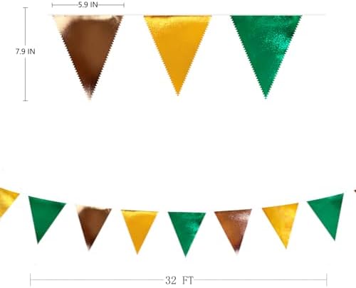 Green Gold Brown Metallic Fabric Triangle Pennant Banner Flag Bunting Garland for Football Jungle Safari Wild Woodland Birthday Baby Shower Wedding Bachelorette Graduations Party Decorations Supplies - Image 2