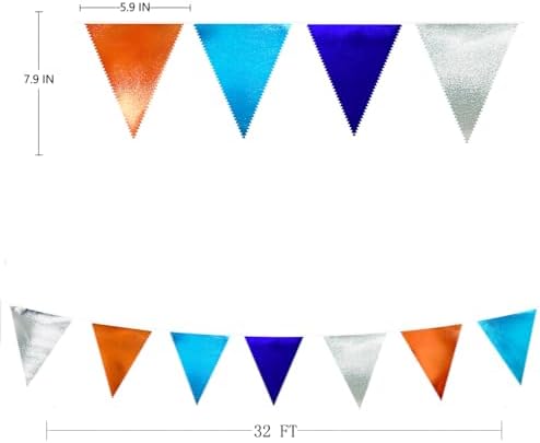 Orange Blue Silver Party Decorations Metallic Fabric Triangle Pennant Banner Flag Bunting Garland for Space Theme Birthday Wedding Bridal Shower Baby Shower Engagement Graduation Party Supplies - Image 2