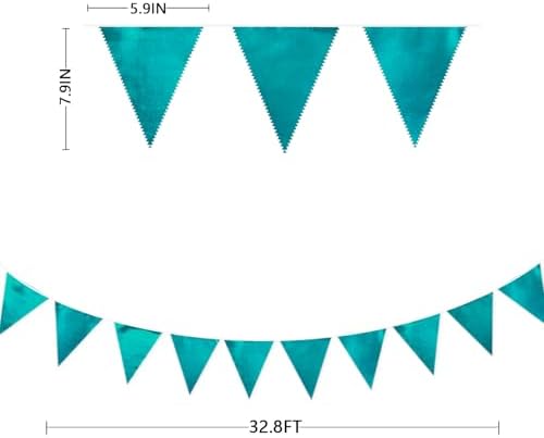 Teal Aqua Blue Triangle Pennant Banner Turquoise Metallic Fabric Flag Bunting Garland for Birthday Bridal Shower Graduation Wedding Holiday Retirement Under The Sea Mermaid Party Decorations Supplies - Image 2