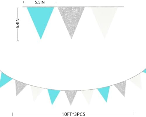 Teal Blue and Silver White Pennant Banner Flag Hanging Glitter Paper Triangle Bunting for Birthday Graduation Bridal Shower Wedding Shower Engagement Turquoise Aqua Party Decorations Supplies - Image 2