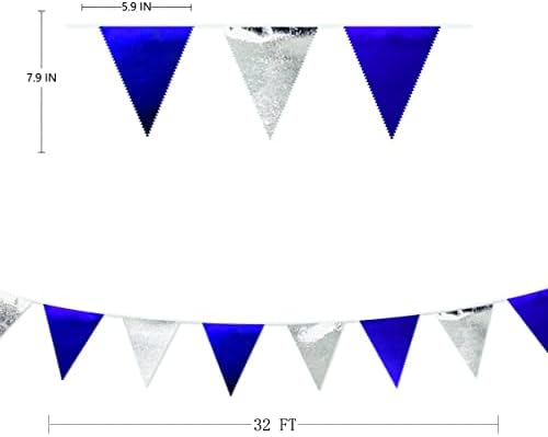 Royal Blue Silver Party Decorations Navy Blue Triangle Pennant Banner Flag Metallic Fabric Bunting Garland for Birthday Graduation Wedding Retirement Nautical Ahoy Achor Pirate Theme Party Supplies - Image 2
