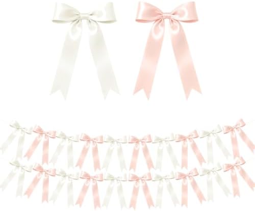 NatNarr 2 Pcs White and Pink Bow Garland, Pre-Strung Bow Garland by NatNarr