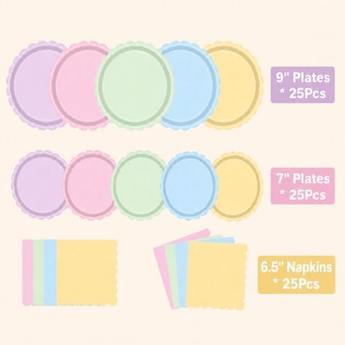 75 Pcs Paper Plates and Napkins, Pastel Party Plates Scalloped Paper Plates with Napkins, Macaron Color Disposable Tableware for Birthday Party, Baby Shower, Bridal Shower, Tea Party - Image 2