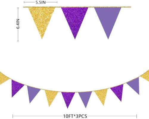 30Ft Purple Gold Party Decoration Pennant Banner Flag Hanging Glitter Paper Triangle Bunting for Birthday Bridal Shower Wedding Shower Bachelorette Engagement Lavender Lilac Violet Party Supplies - Image 2