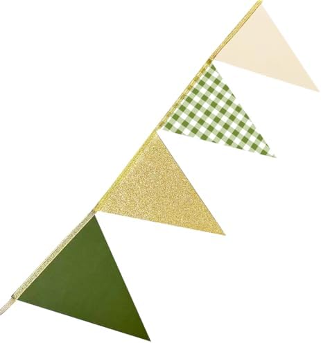 Sage Green Gold Buffalo Plaid Pennant Banner Flag Olive Green Gold Hanging Glitter Paper Triangle Bunting for Birthday Wedding Shower Safari Jungle Woodland Neutral Party Decorations Supplies - Image 5