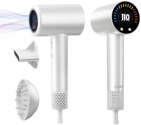 CONFU Hair Dryer, 110000 RPM Fast Drying Blow Dryer with Magnetic Diffuser and Concentrator, Professional Lightweight Ionic Hair Dryer for Women and Men White by CONFU