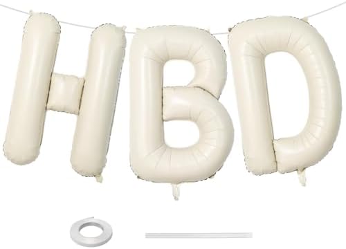 40 Inch Cream HBD Balloons for Boho Birthday Party Decorations, Giant Beige HBD Letter Foil Mylar Balloon Banner Helium Supported, Ivory White Sand Neutral Happy Birthday Sign for Girls Women Boys Men by Lingqiang