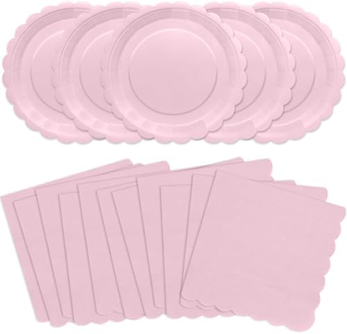 100Pcs Pink Party Supplies Include Pink Paper Plates and Napkins Disposable Pink Scalloped Plates for Birthday Baby Shower Mother’s Day by VEIZEDD