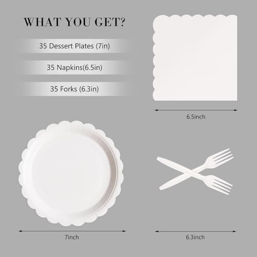 105PCS White Paper Plates & Napkins Set,7inch Scallope,with Forks - Image 2