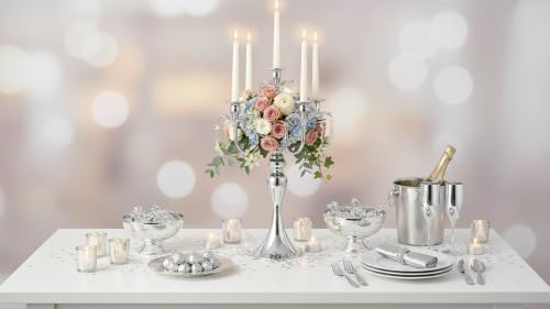 20.3'' Tall 5 Arm Silver Metal Candelabra Centerpiece for Table, Retro Table Centerpieces for Party, Events, Home, Wedding Decor (4) - Image 3