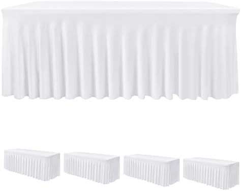 4 Pack White Spandex Table Covers 6ft Rectangle Ruffle Skirts for Party by HolidayIdeas