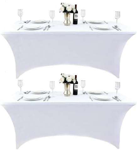 2-Pack 4ft White Spandex Table Covers for Rectangular Folding Tables - Wrinkle Resistant Stretch Tight Table Cloths - Ultimate Fitted Table Protector for Parties, Banquet, and Wedding by Unknown