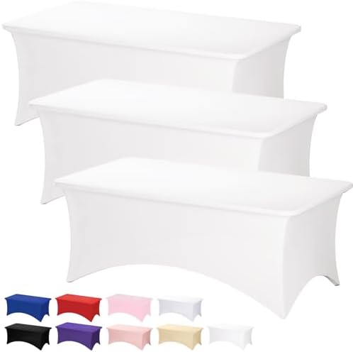 Fixwal 3 Pack 8FT Pearl White Tablecloth Rectangle Spandex Table Cover by Fixwal