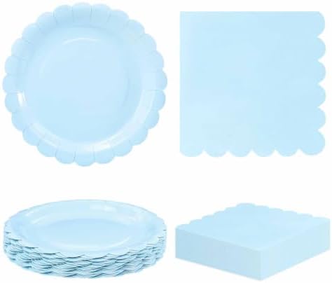 HEIPINIUYE 50 Pcs Light Blue Paper Plates and Napkins Party Supplies Include 7'' Blue Scalloped Plates and 6.5'' Paper Napkins Disposable Tableware Set for Dinner Wedding Birthday Party (Serves 25) by HEIPINIUYE