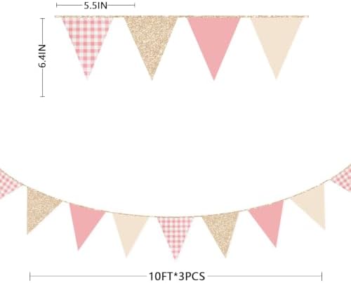 Dusty Rose Pink Buffalo Plaid Champagne Gold Party Decorations Pennant Banner Flag Hanging Glitter Paper Triangle Bunting for Women Girls Birthday Wedding Bridal Shower Hen Party Supplies - Image 2
