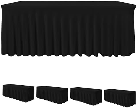 4 Pack Black Spandex Table Covers 8ft Rectangle Ruffle Skirts for Party by HolidayIdeas
