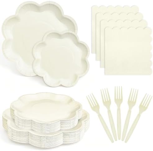 96 Pcs Ivory Paper Plates and Napkins Set Cream Party supplies for 24 Guest Including Beige Scalloped Disposable Dessert Paper Plates Napkin Plastic Fork for Baby Shower Bridal Shower Wedding by Unknown