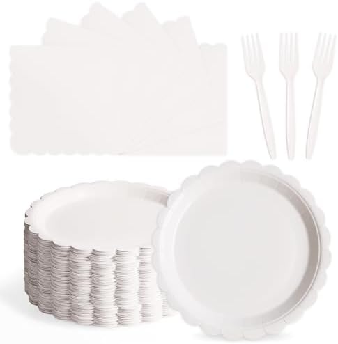 105PCS White Paper Plates & Napkins Set,7inch Scallope,with Forks by Tyzarglef