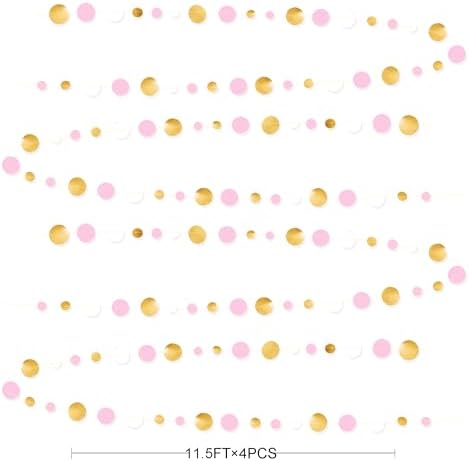 Gold and Pink Party Decorations Circle Dots Garland Metallic Gold Light Pink and White Hanging Polka Dot Streamer for Women Girl Birthday Bridal Shower Wedding Princess Party Supplies - Image 2