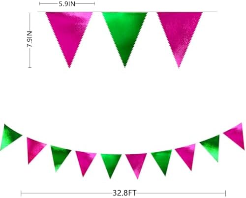 Pink and Green Party Decorations Metallic Hot Pink Light Green Fabric Triangle Pennant Banner Flag Bunting Garland for Witches Theme Birthday Wedding Baby Shower Engagement Bachelorette Party Supplies - Image 2