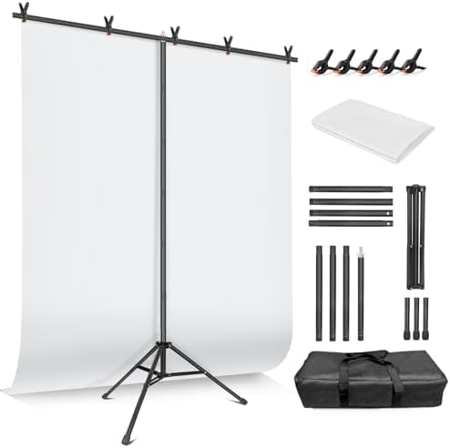 White Backdrop with Stand for Photoshoot, 5X7ft White Photo Backdrop with T Shape Background Backdrop Stand for Photography, Portable Photo Backdrop Curtain Stand Kit w Carrying Bag 5 Spring Clamps by JEBUTU