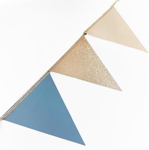 30Ft Champagne Gold Dusty Blue Beige Party Decorations Pennant Banner Flag Hanging Paper Triangle Bunting for Birthday Graduation Wedding Shower Bachelor Retirement Nautical Party Supplies - Image 5