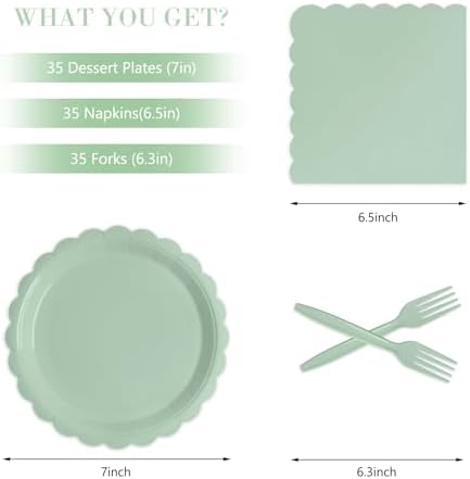105PCS Sage Green Paper Plates & Napkins Set,7inch Scallope,with Forks - Image 2