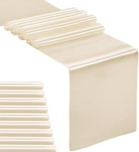 10-Pack Satin Table Runner Champagne 12 x 108 inches Long, Table Runners for Wedding, Birthday Parties, Banquets Decorations（10 Pack, 12x108 Inch, Champagne by Hahuho