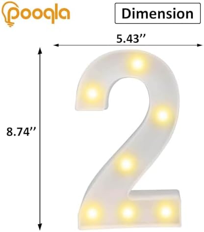 Pooqla Decorative Led Light Up Number Letters, White Plastic Marquee Number Lights Sign Party Wedding Decor Battery Operated Number (2) - Image 3