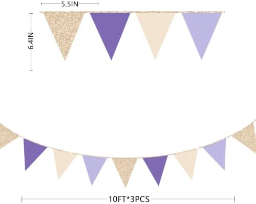 30 Ft Purple Lavender Beige Champagne Gold Party Decorations Pennant Banner Flag Hanging Paper Triangle Bunting for Birthday Bridal Shower Wedding Shower Engagement Lilac Violet Party Supplies - Image 2