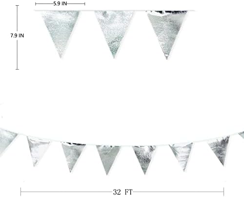Silver Party Decorations Metallic Fabric Triangle Pennant Banner Silver Flag Bunting Garland for Graduation Birthday Wedding Bridal Shower Anniversary Engagement Bachelorette Party Decoration Supplies - Image 2