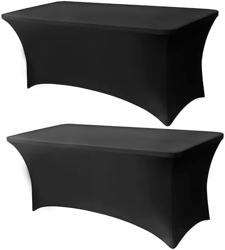 6FT Black Table Cloth - 2 Pack Fitted Stretch Rectangle Spandex Tablecloth, Washable Table Cover for Party, Picnic, Wedding, Banquet, Birthday and Festival(30" x 72") by Lemict